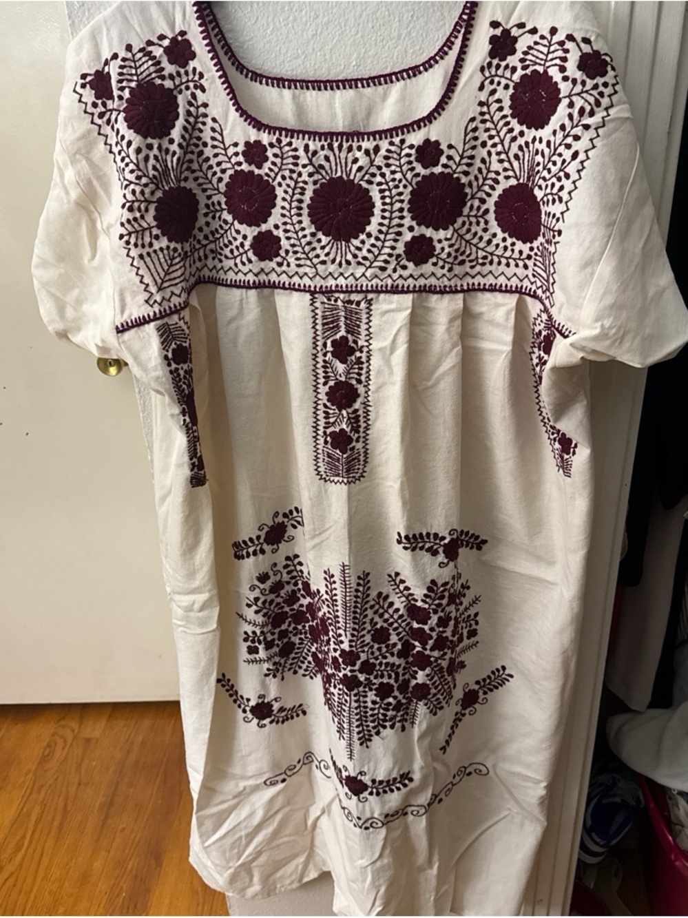 - White with Burgundy ARTISAN MEXICAN DRESS